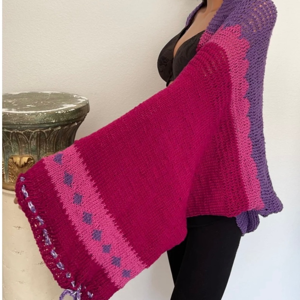 Hand Knits 2 Love Shrug Shaw Wrap Rustic Extra Long Sleeves Designer Fair-isle
